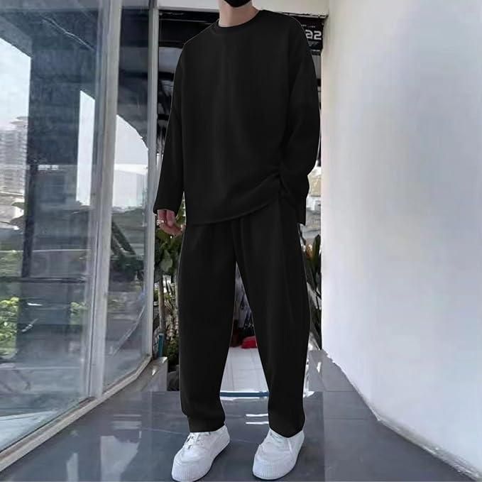 Men’s Black Solid Co-Ord Set – Round Neck T-Shirt & Track Pants | Full Sleeves | Loose Fit