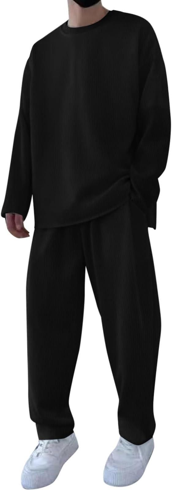 Men’s Black Solid Co-Ord Set – Round Neck T-Shirt & Track Pants | Full Sleeves | Loose Fit
