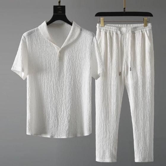 Men’s White Crinkled Cotton Co-Ord Set – Half Sleeves | Collar Neck | Casual Wear