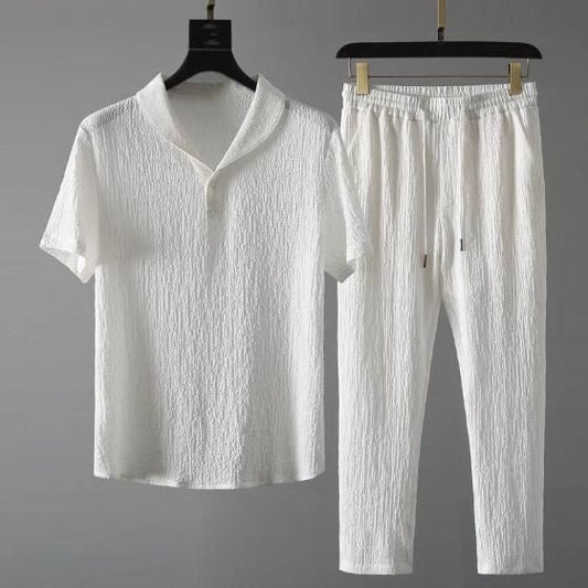 Men’s White Crinkled Cotton Co-Ord Set – Half Sleeves | Collar Neck | Casual Wear