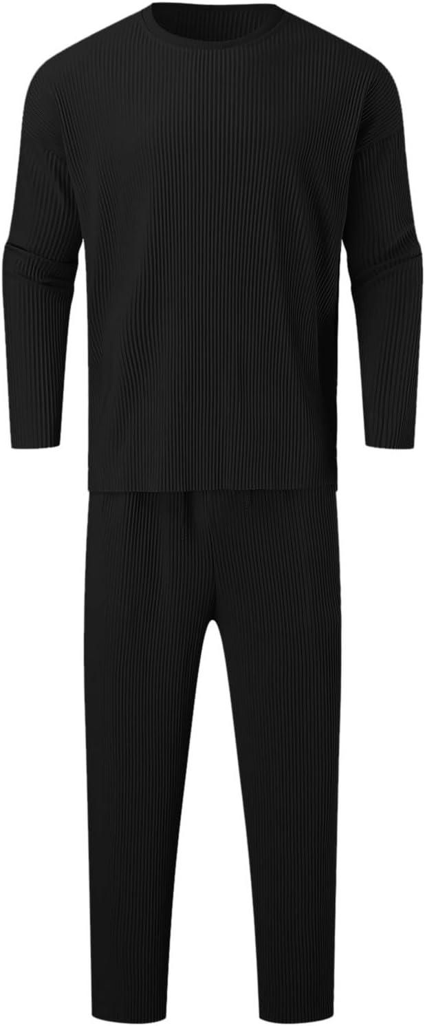 Men’s Black Solid Co-Ord Set – Round Neck T-Shirt & Track Pants | Full Sleeves | Loose Fit