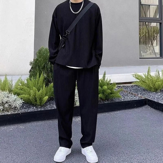 Men’s Black Solid Co-Ord Set – Round Neck T-Shirt & Track Pants | Full Sleeves | Loose Fit