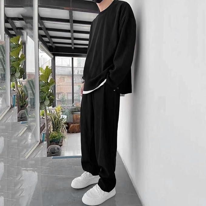 Men’s Black Solid Co-Ord Set – Round Neck T-Shirt & Track Pants | Full Sleeves | Loose Fit